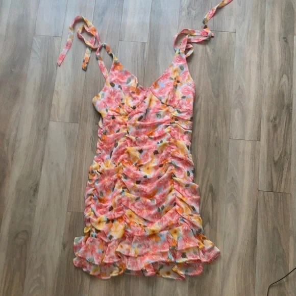 Lily Rose tie straps floral print rouched dress w ruffle S XL jrs - Picture 3 of 17